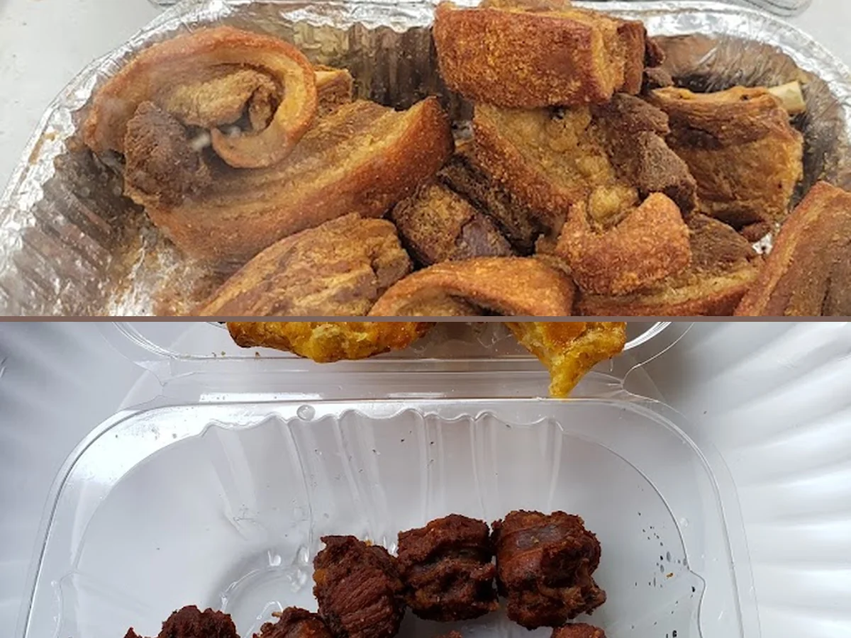 Crispy chicharrones beside yuca and sweet potatoes.