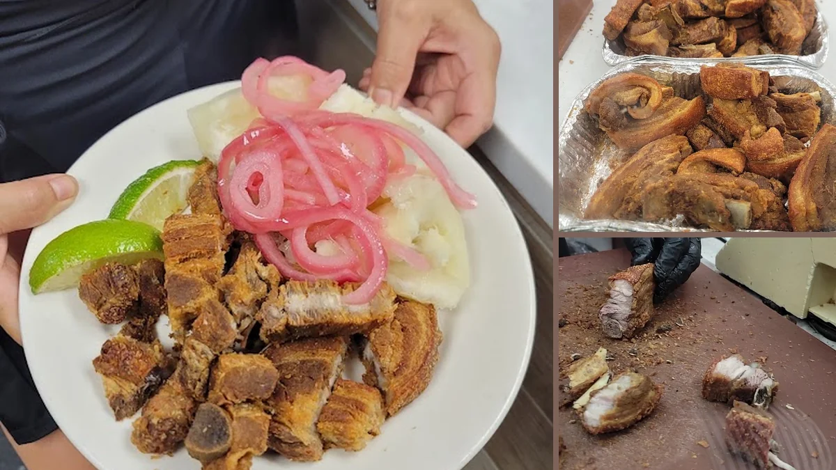 Crispy chicharrones beside yuca and sweet potatoes.