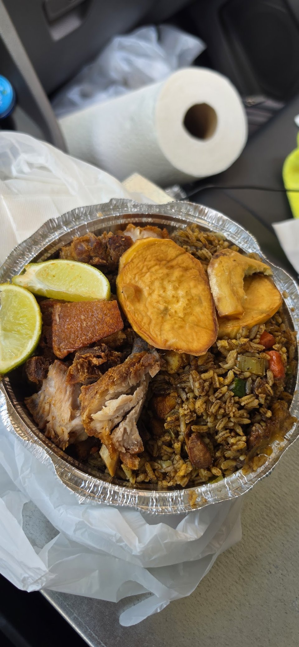 Menu-style plate with chicharrones and mofongo.
